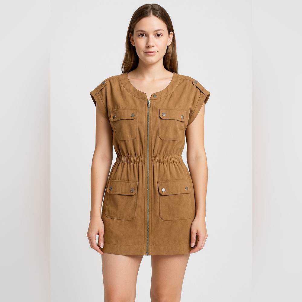 Papaya Faux‎ Suede Utility Zip Front Dress Top Tan Brown Women’s Size L